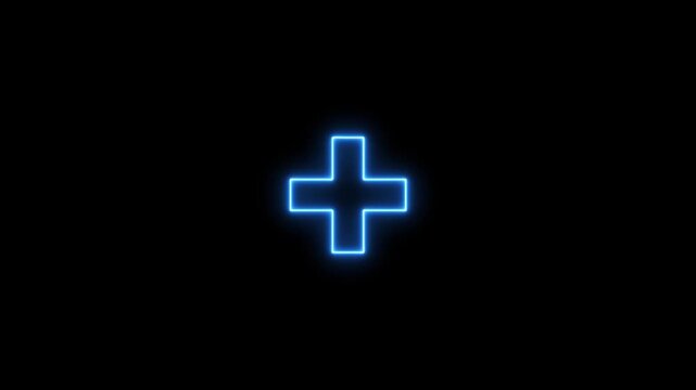 Glowing blue neon plus sign symbol animation on black background abstract digital graphic element for medical healthcare science technology concepts and positive affirmation