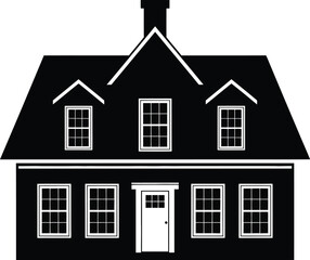 Simple black silhouette of a classic two story house with a chimney