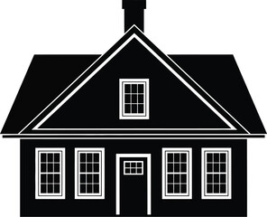 Simple black silhouette of a classic house with a chimney and windows