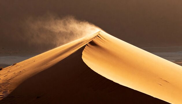 A tall desert dune rising sharply with wind-blown sand at its crest.
