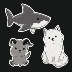 Cartoon shark goat and dog illustration on black background