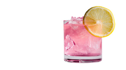  Pink cocktail with lemon showcasing vibrant refreshing beverage color, citrus garnish detail, and smooth drink surface isolated on white background.