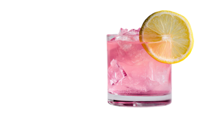  Pink cocktail with lemon showcasing vibrant refreshing beverage color, citrus garnish detail, and smooth drink surface isolated on white background.