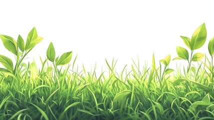 Lush green blades of grass and small leafy sprouts frame the bottom edge against a bright white background