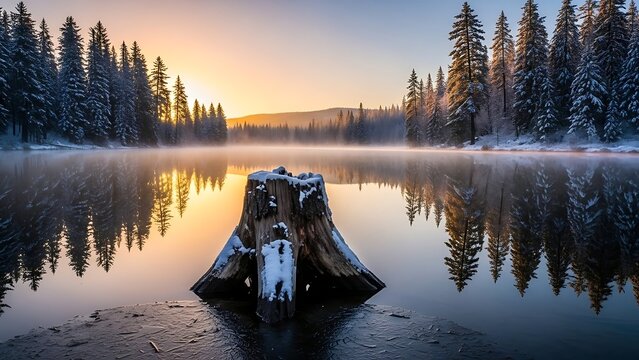 Serene Lake Reflection at Sunrise with Tree Stump and Forest. - Powered by Adobe