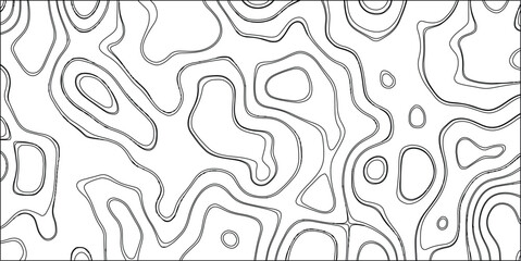 Abstract black and white topographic contour lines forming a complex organic pattern with rounded shapes and varying line thickness against a clean white background, perfect for graphic design and