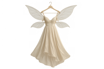 Fairy dress and wings costume hanging on a hanger, featuring elegant flowing fabric, symbolizing fantasy and magic