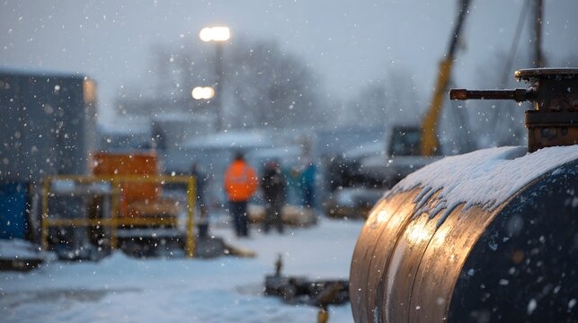 Industrial workers in falling snow at a cold winter worksite with hinery and equipment - Powered by Adobe
