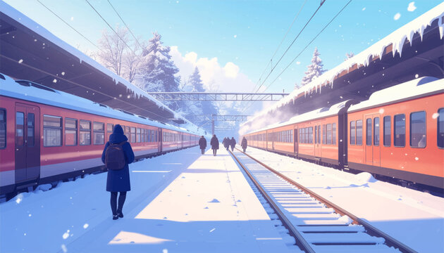 Snowy train platform with passengers walking in winter light. Winter railway station lined with bright orange trains. Frosty platform scene as commuters move through snowfall