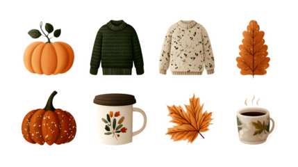 PNG set of autumn elements with pumpkins, sweaters, leaves, and warm mugs on transparent background