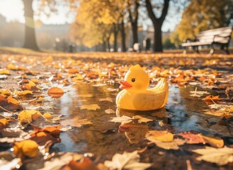 A yellow rubber duck floats in a puddle amidst autumn leaves in a park