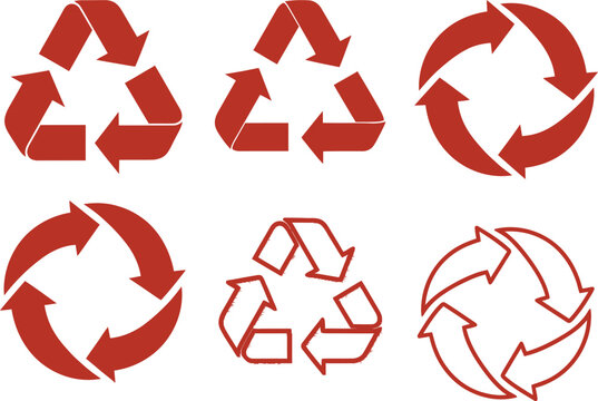 Collection of six distinct red recycling symbols and arrows on a white background, representing sustainability and environmental care