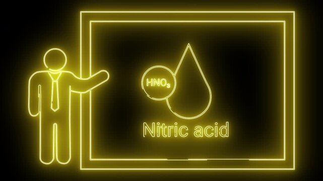 A neonlit scene with a presenter pointing to a slide showing Nitric acid and a chemical formula in a drop