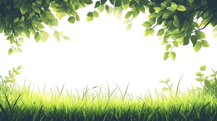 Lush green foliage frames a bright white center space above a vibrant foreground of growing blades