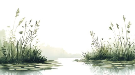 Hand painted watercolor illustration depicts marsh grasses and foliage growing along the edge of still water