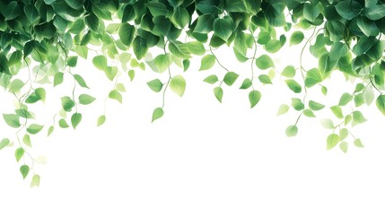 Lush green foliage hangs down across the top edge against a bright white background