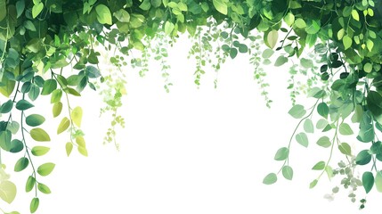 Lush green foliage cascades down from the top edge against a bright white background