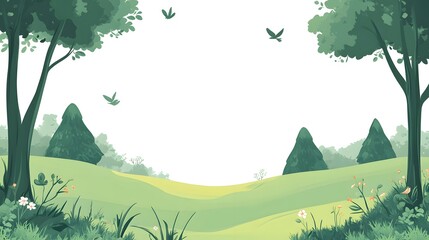 Lush green landscape features rolling hills framed by mature trees and small wildflowers.