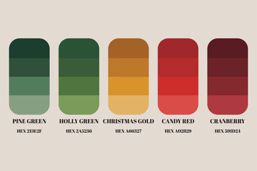 Christmas color palette swatches festive scheme pine green holly green gold candy red cranberry design