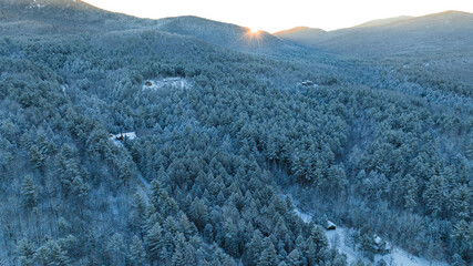 Snow-covered forest and mountain range at sunrise with golden light casting across the winter landscape.
