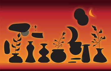 Print Modern Abstract Silhouette, Dark Moody Aesthetic, Bohemian Wall Art, Minimalist Home Decor, Organic Shapes, Plant Vases, Abstract Pottery, Sunset Still Life, Dark Nature Illustration, Warm Fiery