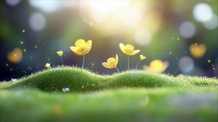 A close-up view of a grassy hillside with yellow flowers blooming, bathed in warm sunlight, creating a serene and idyllic scene.