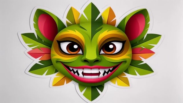 Illustration of a green and yellow monster face with leaves on a white background
