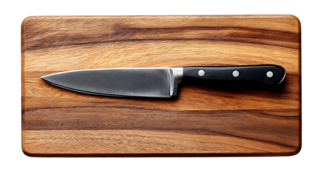 A sharp kitchen knife with black handle resting on a wooden cutting board in a studio setting view