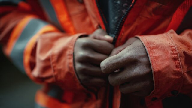 Transition from work to rest closeup of hands unzipping safety jacket in cinematic environment - Powered by Adobe