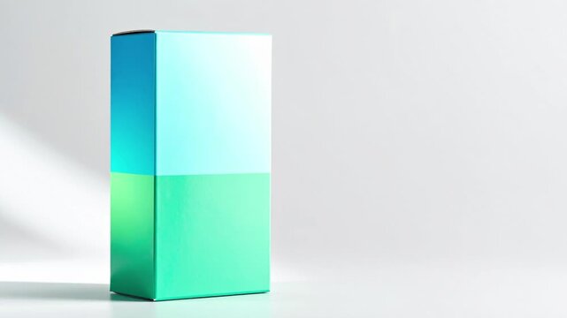 Minimalist 3D render of a two-toned cyan and green rectangular prism casting a soft shadow on a white background