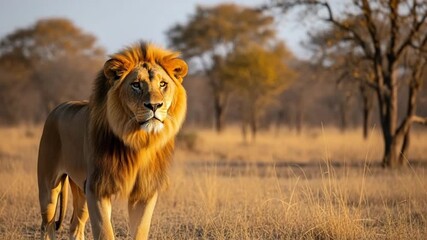 Video of a Majestic male lion with golden mane standing in jungle - Powered by Adobe