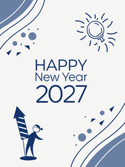 Fototapeta premium Happy New Year 2027 Illustration – Firework Rocket & Light Bulb Sketch in Blue-White Celebration Theme