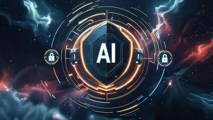 Obraz premium A futuristic digital design featuring a central shield with 