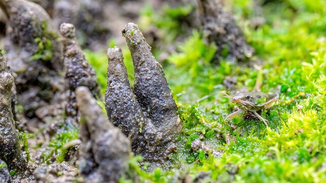 Tiny froglet perched near mudskipper burrow high resolution photo