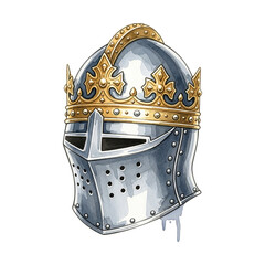 Medieval iron knight helmet decorated with golden crown hand drawn watercolor armour in watercolor illustration isolated 120 characters