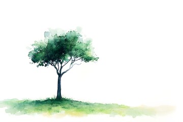 Solitary deciduous tree rendered in vibrant watercolor on a bright white background