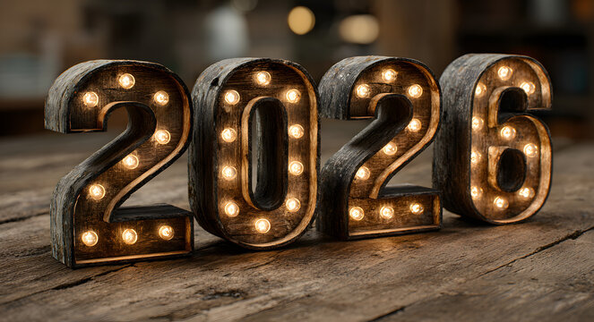 Illuminated 2026 numbers on wooden background with copy space