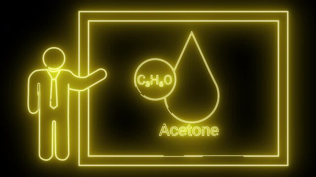 A neon yellow sketch shows a teacher pointing at a diagram of Acetone on a board
