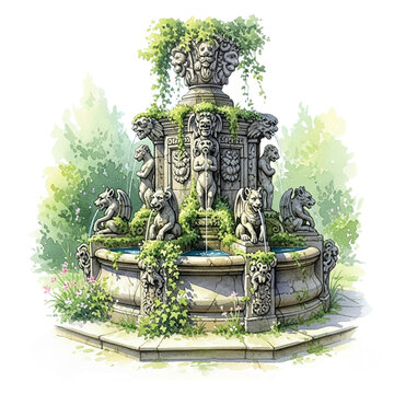 stone fountain garden setting watercolor clip art preview