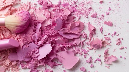 Obraz premium Pink makeup powder spills across a white surface with a brush nearby