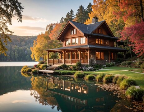 Lakeside timber cabin mirroring in water, autumn leaves. Tranquil landscape featuring nature's hues, serene atmosphere - Powered by Adobe