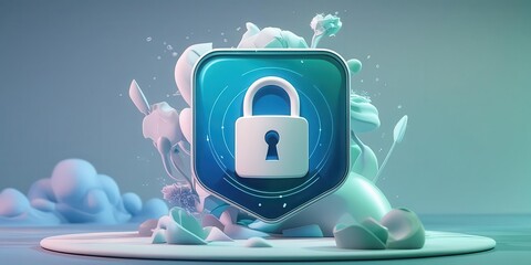 A digital illustration featuring a lock symbol surrounded by abstract shapes and colors, representing security and protection.