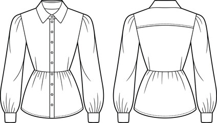 PrintWomen's Fashion Flat Technical Drawing Template of a Long-Sleeve Collared Shirt with Button Placket, Gathered Peplum Hem, and Cuffs.