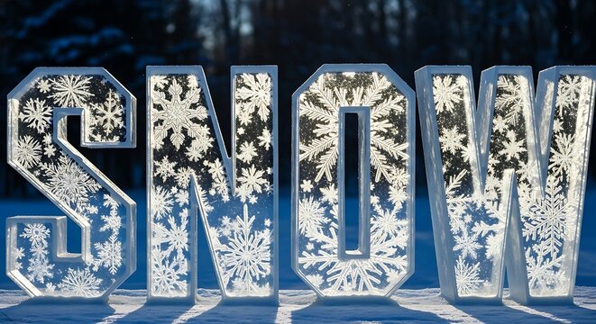 Ice sculpture spelling "snow" with snowflake designs inside each letter on a snowy surface in a winter landscape under bright sunlight - Powered by Adobe