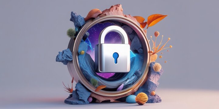 A futuristic lock surrounded by abstract, colorful elements, symbolizing security and protection in a digital or imaginative environment.