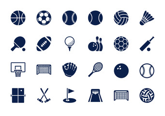 Set of sports and game vector flat icons collection. Various ball games, equipment, and sporting activities symbols for athletic and recreational themes. © ma
