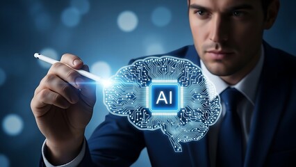 Artificial intelligence concept man interacting with digital brain interface showcasing the future of technology and deep learning applications in various industries for innovative solutions