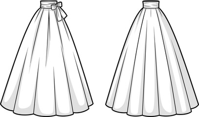 PrintWomen's Full Maxi Skirt Technical Fashion Flat Sketch Vector: Front and Back Views with Waistband and Decorative Tie-Bow for CAD Garment Design, Technical Drawing, Apparel Template.