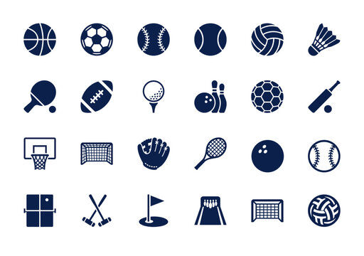 Set of sports and game vector flat icons collection. Various ball games, equipment, and sporting activities symbols for athletic and recreational themes.