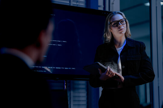 engaging future virtual world female user headset microphone glasses interacts immersive metaverse environment holographic display augmented reality data stream future communication experience now